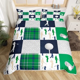 Castle Fairy Golf Plaid Bedding Set Queen Size,Green Buffalo Grid Geometric Duvet Cover Set for Children Adult,Ball Sports Lover Style Soft Comforter Cover for Dorm Room, Zipper, Ties