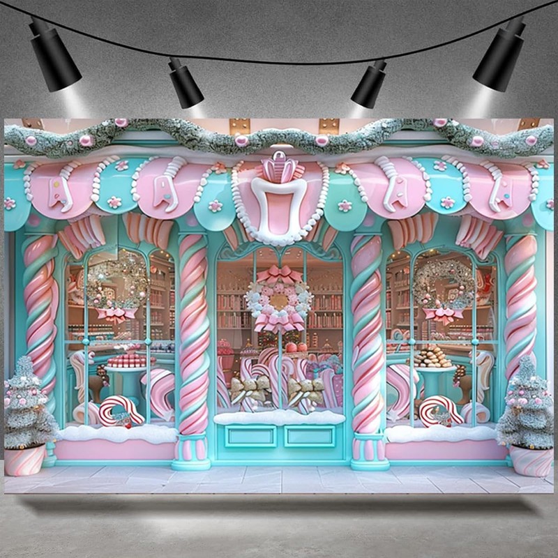Christmas Candy House Photography Backdrop Pink Candy Shop Window Snow