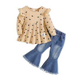 18-24 Months Todder Girls Clothes 2T 2yr Baby Girl Outfits Long Sleeve Heart Printed Shirts Top Denim Bell Bottom Jeans Pants 2 Piece Fall Winter Girl Outfits Set Apricot-Blue