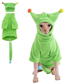 GigglyHouse Sphynx Cat Clothes, Warm Cat Jumpsuit with Hat and Tail Cover, Full Set for Hairless Cats, Cornish Rex and Devon Rex (Green, L(6.5-8lbs))