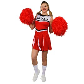 Ladies Cheerleader Costume with Pom Poms - Womens Highschool American Style Fancy Dress Party Outfit (Red – UK 4-6)
