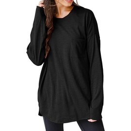 Wihion Women Oversized Long Sleeve T-Shirts Cotton Casual Crewneck Solid Tunic Tops with Pocket Black