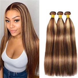 GLSMOSNW P4/27 Bundles Highlight Bundles Straight Human Hair Two Tone Blonde And Brown Ombre Hair Extensions 14 16 18 Inch