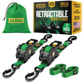 AUGO Retractable Ratchet Straps | 2 Heavy Duty Ratchet Straps Self Retractable Tie Downs with Soft Loops & Storage Bag for Motorcycle, Truck, Trailer, Cargo Van | 1200 Lb Break Strength 1” x 10’