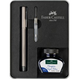 Faber-Castell Neo Slim 149627 Writing Set Matte Stainless Steel with Fountain Pen M, Ink Bottle 30 ml and Converter