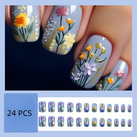 Floral Press on Nails Medium Short Square Nails Press ons Glossy Blue Fake Nails with Cute Flower Design Full Cover Medium False Nails Natural Fit Acrylic Nails Glue on Nails for Women 24 Pcs