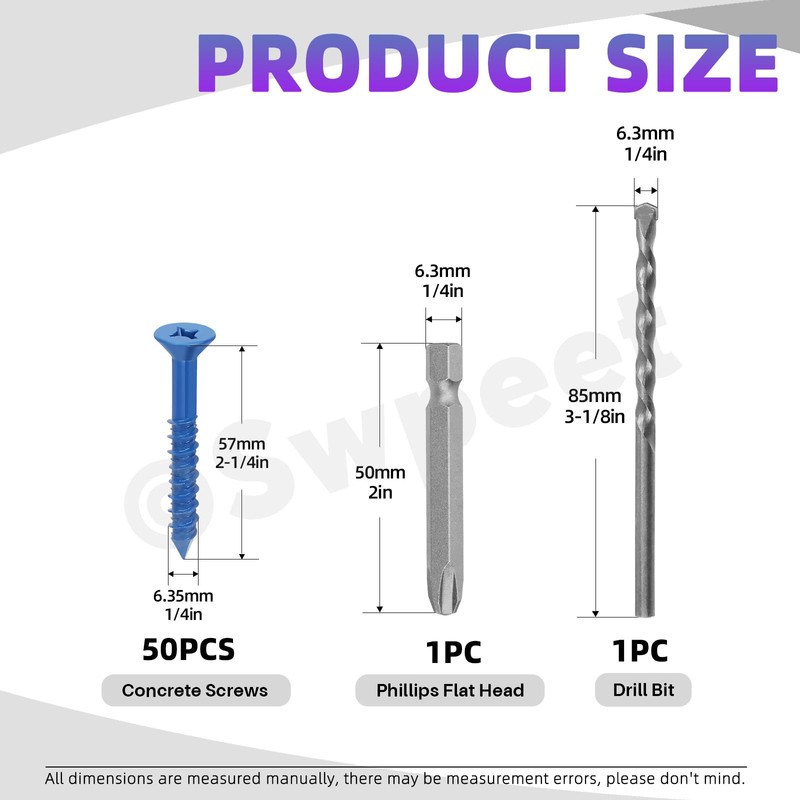 Swpeet 52Pcs 1/4" x 2-1/4" Flat Head Concrete Screw Anchors