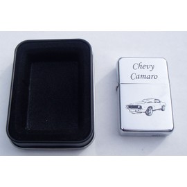 Chevy Camaro Engraved Chrome Plated Brass Refillable Lighter in Black tin case