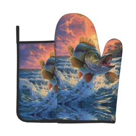 YYHWHJDE bass Fishing Wave Printing Oven Mitts and Pot Holders Sets of 2 Kitchen Baking Used to Open Pot lids in The Kitchen and to Carry Dishes from Microwave ovens