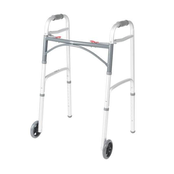Drive Medical 10210-1 2-Button Folding Walker with Wheels, Rolling Walker,