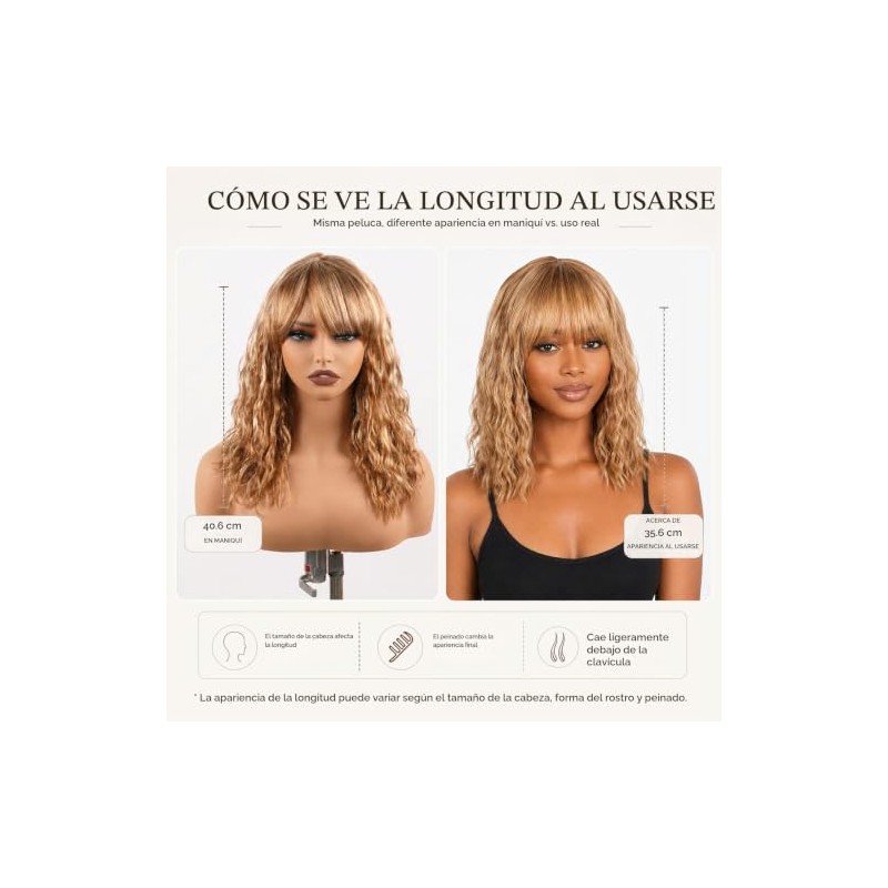Peluca Pelo Humano Body Wave Marrón Rubio Flequillo 16 Pulg