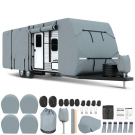 TFMUZERT Travel Trailer RV Cover 22'-24' Upgraded 7+3 Layers Windproof Waterproof Rip-Resistant Anti-UV Camper Cover for Winter Snow with Adhesive Repair Patches, 2Pcs Extra Straps & 4 Tire Covers