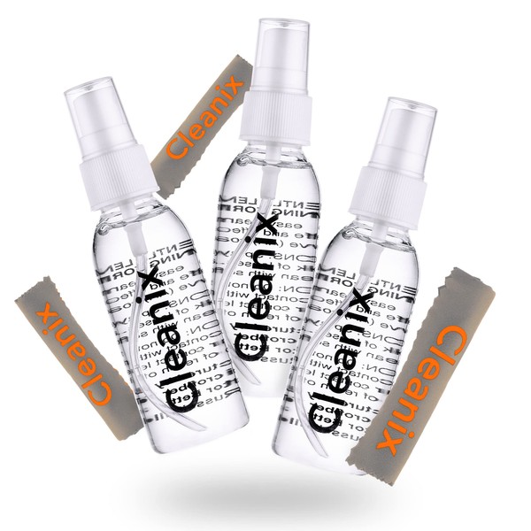 Cleanix Glasses Cleaner Set of 3, Alcohol-Free Eyeglass Cleaner, 3pcs. 2-Ounce Spray Bottles with 3 Microfiber Glass Cleaner Cloths, Travel-Sized Cleaner Kit, Safe for Glasses, & Electronic Devices
