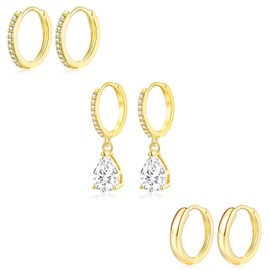 Sterling Silver Hoop Earrings for Women, 3 Pairs Small Gold Huggie Hoop Earrings Set | Hypoallergenic Cubic Zirconia Teardrop Dangle Cartilage Earrings Fashion Jewellery Girls Gifts