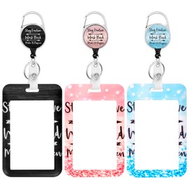 3 Pack Heavy Duty Badge Holder with Retractable Reel, ID Name Tag Worker Badge Carabiner Clip Vertical Card Protector Cover Case for Key Office Doctor Nurse Teacher Women (3 PCS Stay Positive)