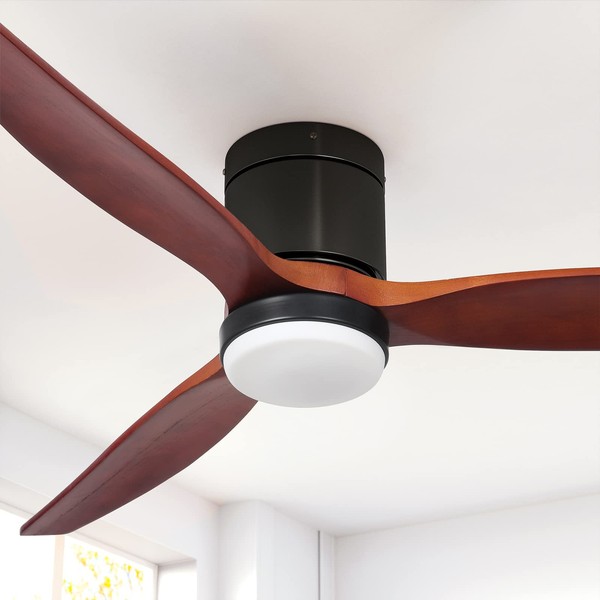 YITAHOME 52 Inch Low Profile Ceiling Fan with Light and Remote, Flush Mount Fan Light with Quiet DC Motor, 3 Colors Light Changing, 6 Speed, Reversible Airflow for Outdoor/Indoor - Black & Walnut