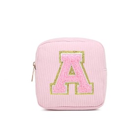 Preppy Patch Makeup Bag,Travel Small Cosmetic Bags Corduroy Portable Waterproof Toiletry Storage Case with Chenille Letter Zipper Washable Lipstick Daily Use Pouch for Women,Mini Pink A