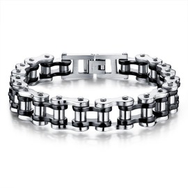 SeiMios Men's Bracelet Stainless Steel Motorcycle Bike Chain Bracelet Polished 8 Inches Silver & Black