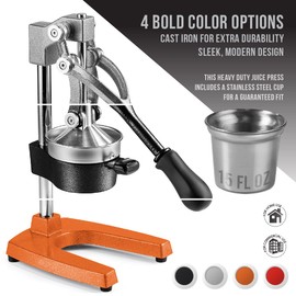 Eurolux Cast Iron Citrus Juicer | Extra-Large Commercial Grade Manual Hand Press | Heavy Duty Countertop Squeezer for Fresh Orange Juice (Bonus Stainless Steel Cup) (Red)