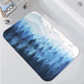 Accnicc Blue Misty Forest Small Bathroom Rugs Mat Nature Tree Mountain Bath Rug Water Absorbent Non Slip Shower Mat Memory Foam Bath Mats for Bathroom Decor (Blue, 24'' × 16'')