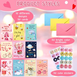 30 Set Kids Valentines Day Card Bulk Classroom Valentine Cards Bulk with Stickers and Envelopes Kids Valentine's Day Greeting Cards for Valentine's Gifts Exchange School Classroom Prize (Cute Style)