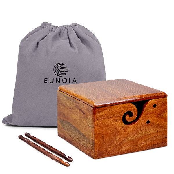 Eunoia Yarn Bowl with Square Lid, 7x5 Inch Handmade Yarn