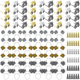 Zeyune 108 Pieces 2025 New Year's Eve Party Supplies Include Plastic Happy New Year Headbands Bulk Gold Black Silver Glasses Tassel Noise Makers for New Year Countdown Party Favors Decorations Props