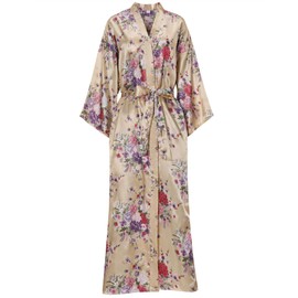MizzGenio Women's Floral Long Silk Robes Lightweight Full Length Satin Robes Long Sleepwear,Champagne L/XL