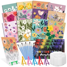 Sherr 51 Pcs/12 Sets Sip and Paint Kit for Adults 8'' x 10'' Pre Drawn Canvas for Painting Pre Printed Canvas DIY Art Party Supplies for Birthday Adults Date Night Party Team Building(Flower)