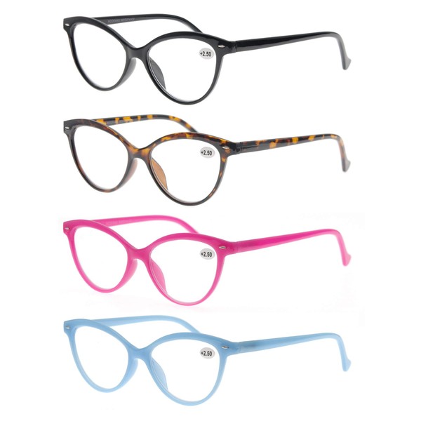 MODFANS Paquete de 4 lentes de lectura de ojo de gato para mujer con bisagra de resorte elegantes y cómodos lectores, Paquete de 4 colores variados., 3.5 US