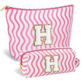 SEFORICO Initial Makeup Bag- Cosmetic Bag Cute Teen Girl Gifts Make Up Case Large Capacity Makeup Bag Travel Bag Gift for Women Valentines Day Bridesmaid Friend Birthday Gifts(Pink H)