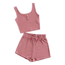 RoseSeek Girl's 2 Piece Outfits Waffle Knit Scoop Neck Button Down Crop Tank Tops Paperbag Waist Track Shorts Dusty Pink 10-11Y