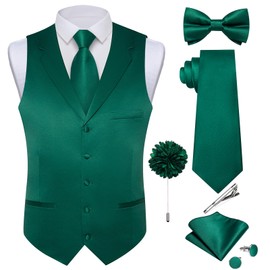 DiBanGu Formal Suit Vest Tie Set for Men Classic Solid Notch Lapel Dress Waistcoat Satin Vest Bowtie for Wedding Party, Emerald Green, Large
