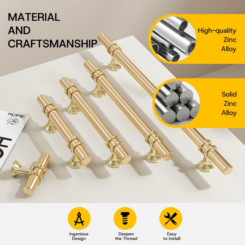 Rergy Cabinet Handles Drawer Pulls and Knobs, 5Pack Gold 3inch