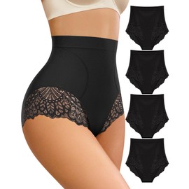 MIOTAN Women's Underwear High Waisted Tummy Control Lace Ladies Panties Full Coverage High Cut Nylon 4 Pack, Black-XL