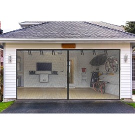 Garage Screen Doors for 1 car garage-12x8FT Fiberglass Durable Heavy Duty Magnetic Garage Door Screen Retractable Hands Free with 6 Roll Up Starps for Patio Workshop Home Gym Sun Room