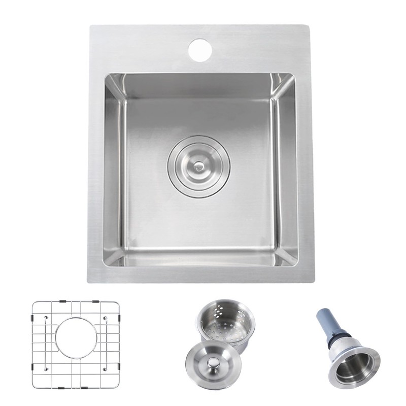 Hotis 15x15 Inch Drop In Bar Sink, Brushed Nickel Stainless