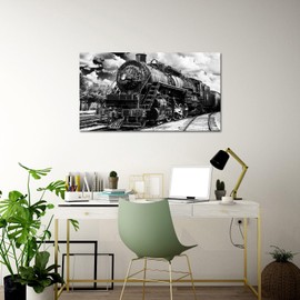 Saypeacher Black and White Train Canvas Wall Art Large Steam Trains in Progress Canvas Wall Art 20"x36"