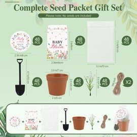Aneco 48 Sets Baby Shower Party Favors Seed Packet for Guests Include Self Adhesive Seed Envelopes Organza Bags Flowerpot Cards Garden Shovel Flower Bouquet for Spring Shower Gifts(No Seeds)