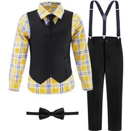 Boys Suit Toddler Kids Black Suits for Boys Ring Bearer Suspenders Outfit Boy's Dress Vest Pants Plaid Shirt Suit Set Size 4