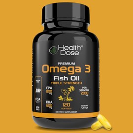 Omega 3 Fish Oil Lemon flavor Premium By Health Dose, 120 Softgels 2 Month, 2000mg Triple Strength with EPA + DHA, Immune Support, Heart, Brain, Joints & Skin, Gluten-Free, Non-GMO. Pack of 2