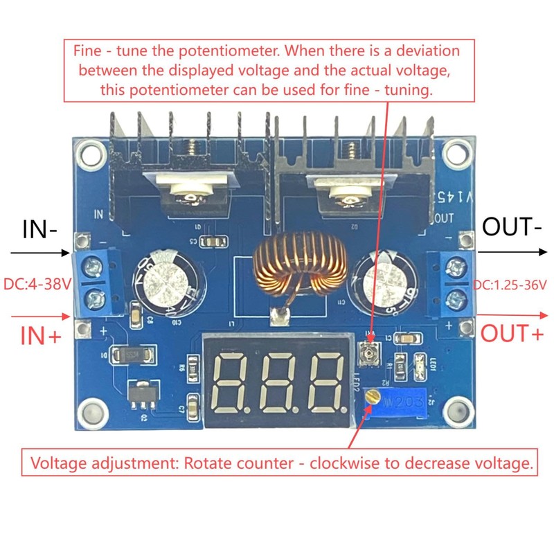 XL4016 DC-DC Buck Converter, 5V/12V/15V/24V Adjustable, 4-38V to 1.25-36V 8A