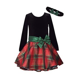 Bonnie Jean Holiday Christmas Dress - Classic Plaid with Velvet with Hair Accessories, Long Sleeve Headband, 2T