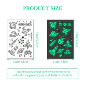 Focenat 10 Sheets(130 Patterns) Luminous Temporary Tattoos Stickers for Kids, Children Fake Tattoos Glow in The Dark Cartoon Tattoos with Cosmos Space Planets Rocket Astronauts UFO