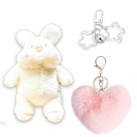 vaxvvik Cute Plush Rabbit Keychain Soft White Rabbit with Pink Artificial Fur Heart Pendant, 2 Pcs Charms for Rubber Beach Bag, Christmas Gift for Women Purse, Backpack, Handbag, CP11