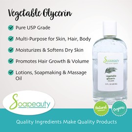 Soapeauty VEGETABLE GLYCERIN USP Grade Non-GMO Natural | Cosmetic Products, Skin, Hair Care, Soap Making, Household Uses 12 oz