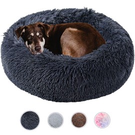Kimpets Dog Bed Calming Dog Beds for Small Medium Large Dogs - Round Donut Washable Dog Bed, Anti-Slip Faux Fur Fluffy Donut Cuddler Anxiety Cat Bed(27")