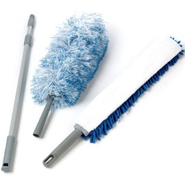 O-Cedar Dual-Action Microfiber Set w/Telescopic Long, Adjustable Handle Extends 24-49" | Includes Microfiber & Chenille Duster Heads, 3 Piece, White, Blue