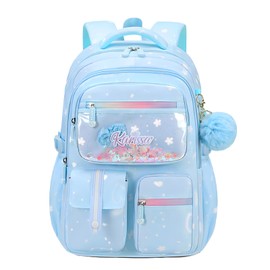 mygreen Cute Girls Backpack with Fluffy Ball Pendant- Large Capacity Water-Resistant School Bag for Ages 6-15 | Heavy-Duty Oxford Fabric | Gift-Ready for Primary to High School Blue