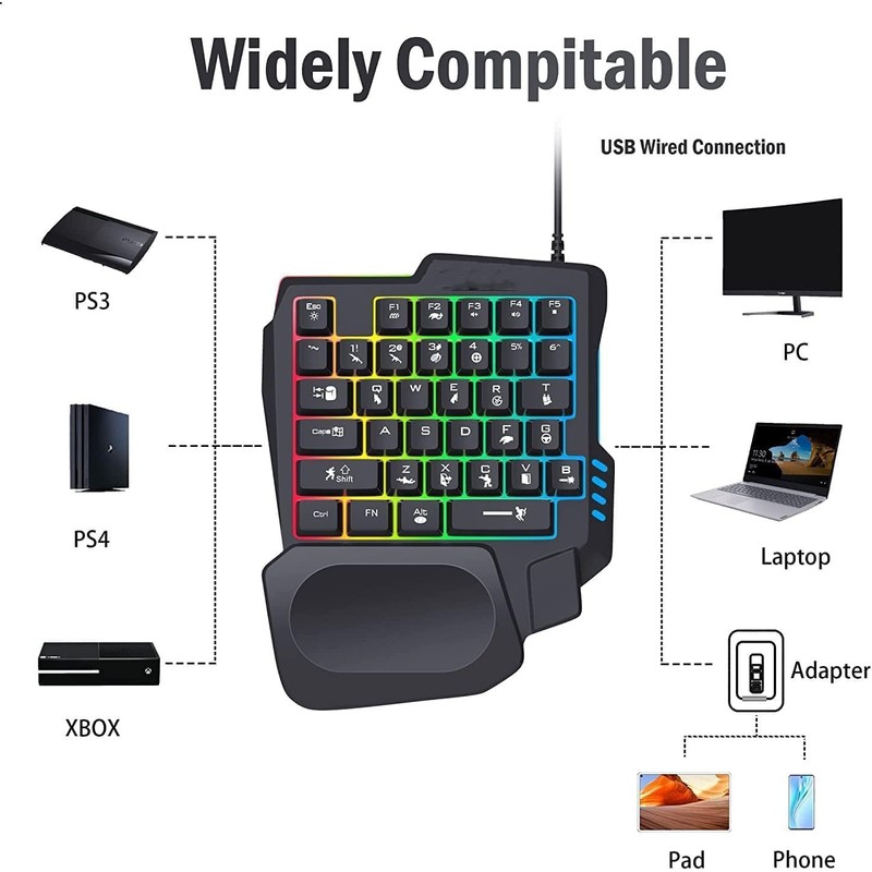 GONRIDASH One-Handed Gaming Keyboard, 35 Keys, 3 Color Backlight, Wide